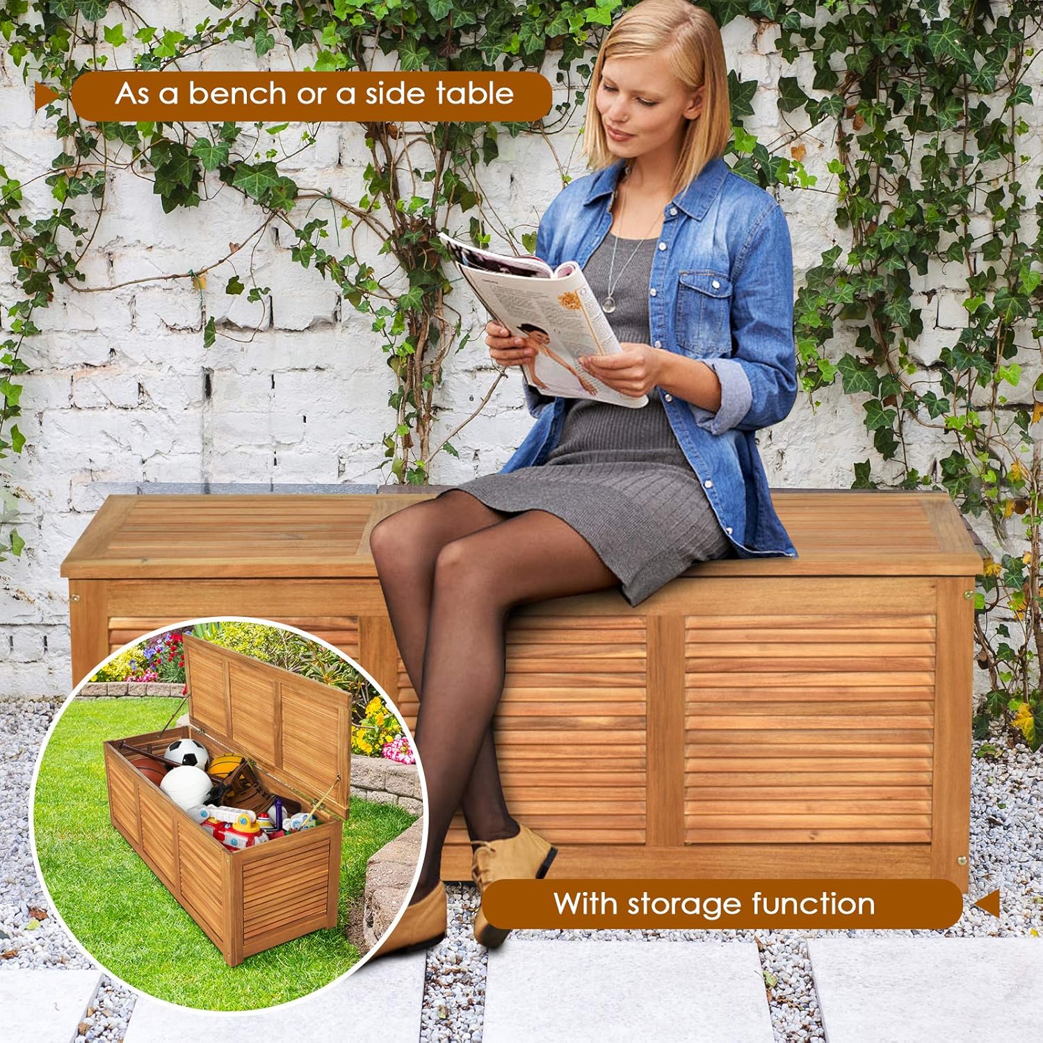 Acacia Wood Deck Box, Large Pa - Garden Storage Box ulasan dan harga