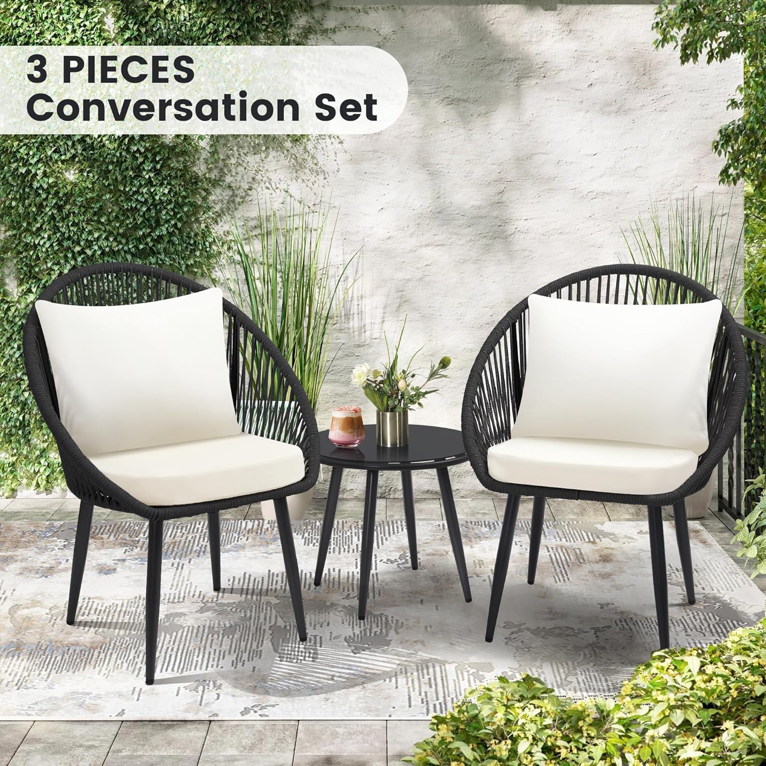 3 Pieces Bistro Set, Woven Rop - Outdoor Furniture Ideas ulasan dan harga